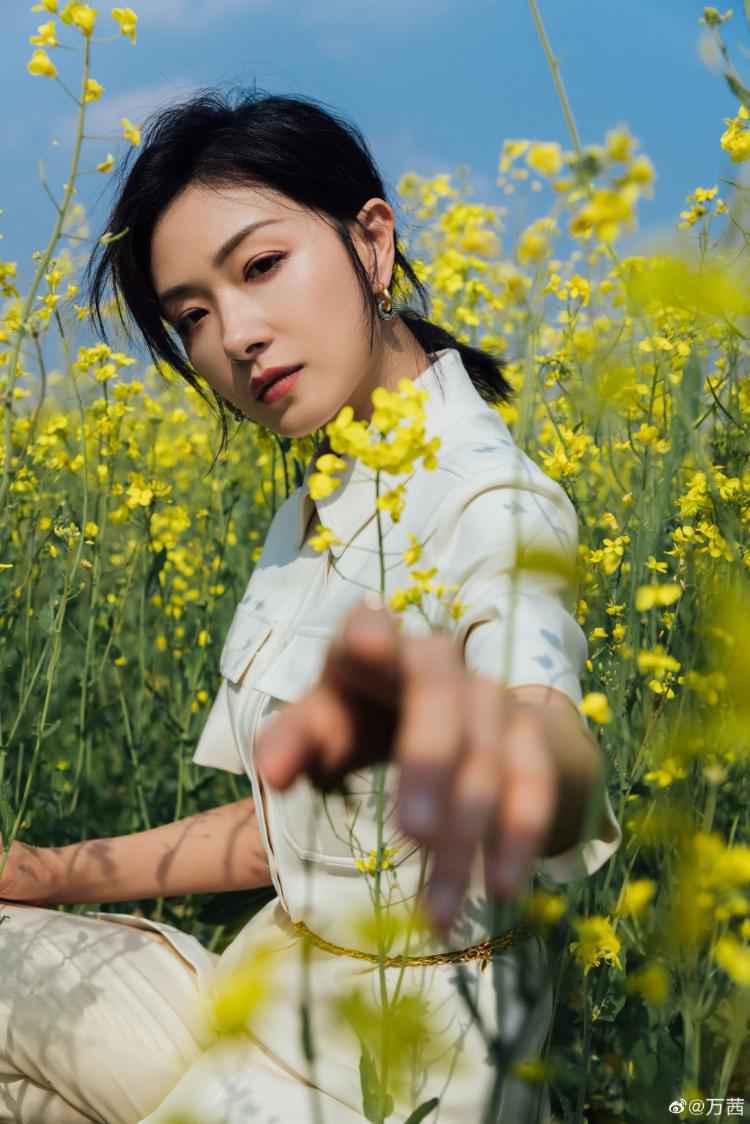 万茜晒照承包油菜花田 穿白衣浅笑温柔迷人